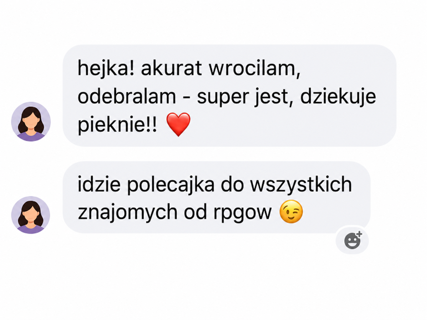 Wiadomość od klienta z podziękowaniem za figurkę
